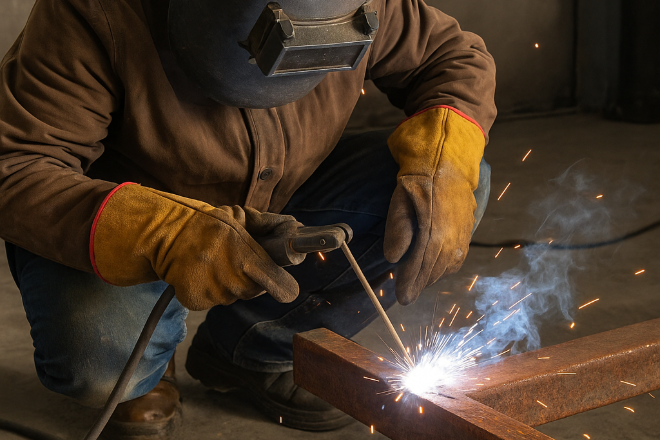 Welder performing stick welding on a rusted steel beam, wearing protective gloves and helmet in a dim workshop.