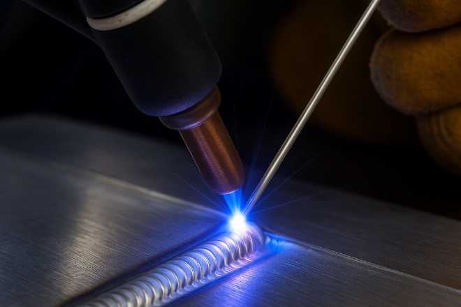 Close-up of TIG welding aluminum with filler rod, showing arc, bead pattern, and precise technique.