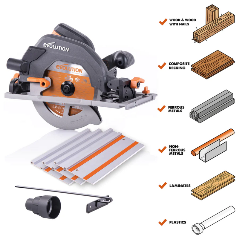 Evolution R185CCSX: Multi-Material Cutting Circular Saw 7-1/4" Blade With 3ft, 4in. Track Included