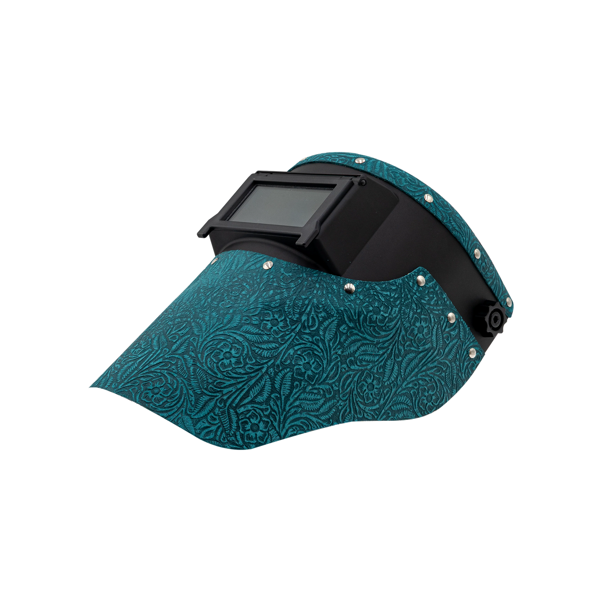Outlaw Leather Slimline Black Flip Front / Floral Turquoise Suede Welding Hood
