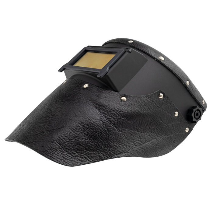 Black welding helmet with a leather bib
