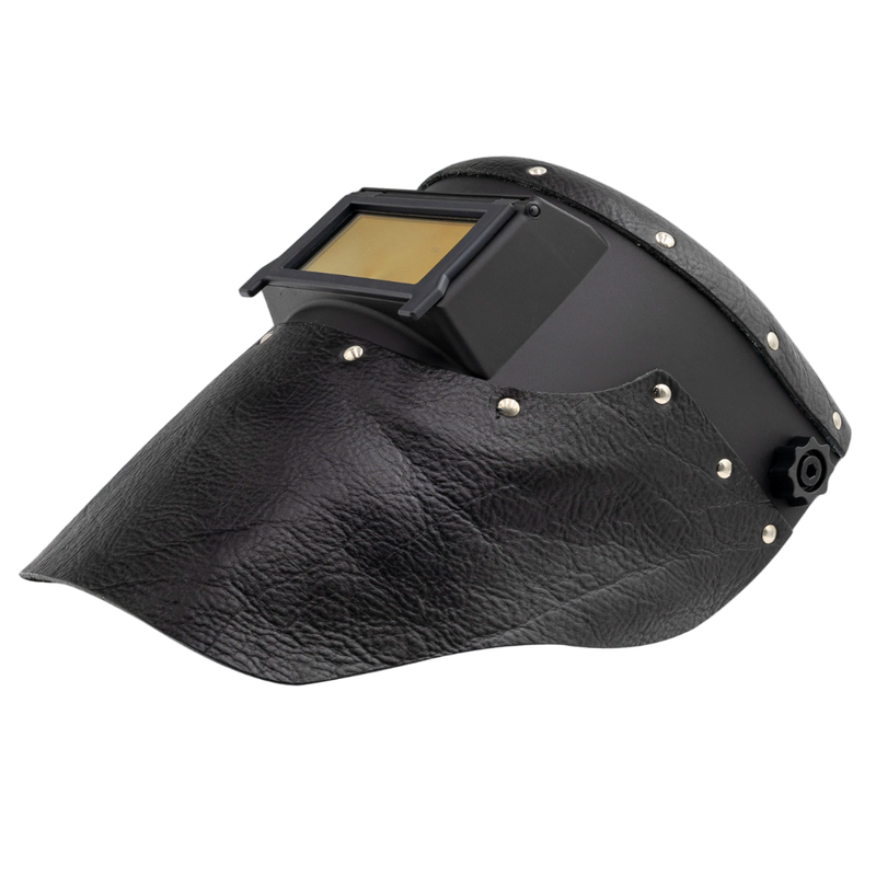 Black welding helmet with a leather bib