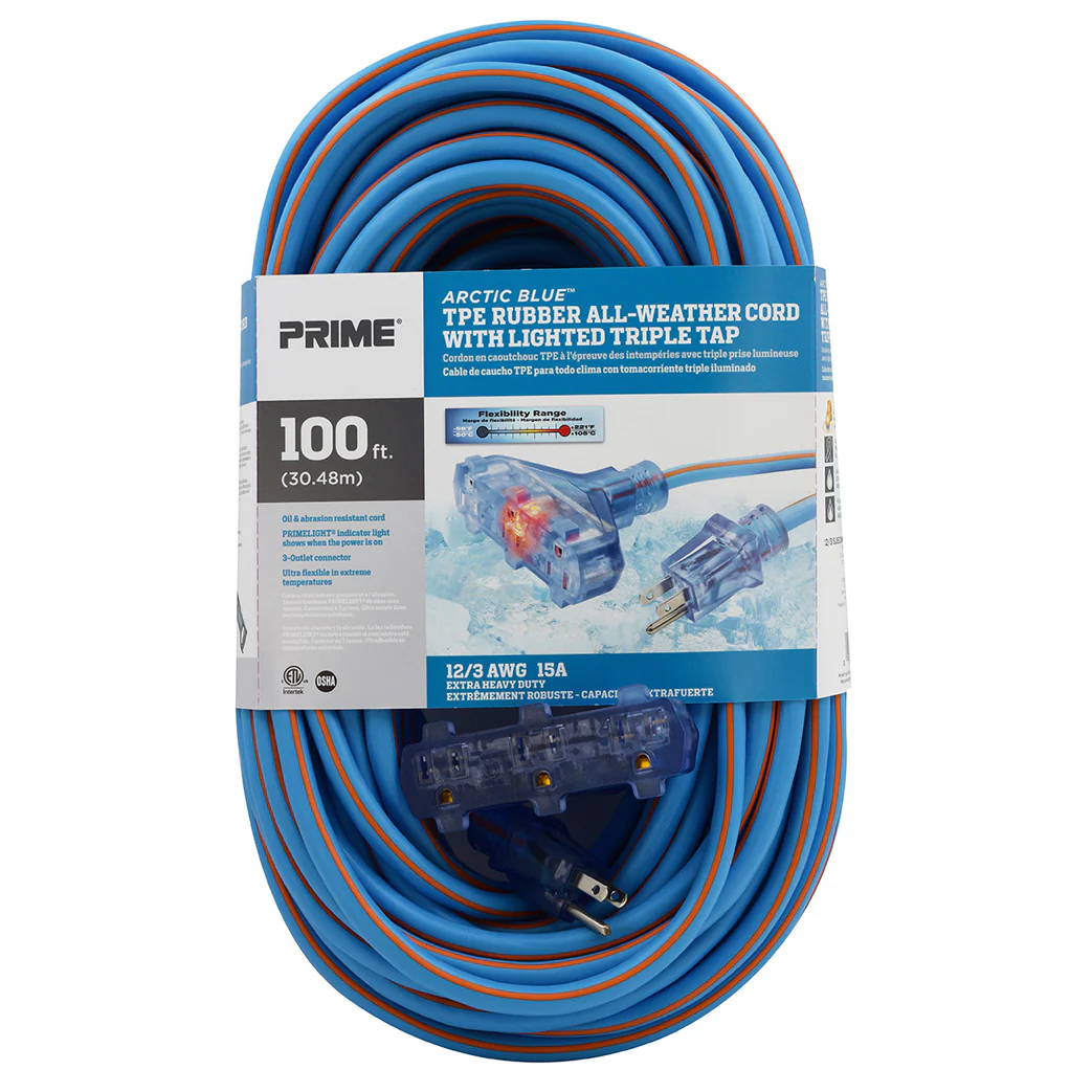 Sayal Lt630835 - Extension Cord 3/12 100ft Blue Sjeow Triple Tap All-Weather 15a